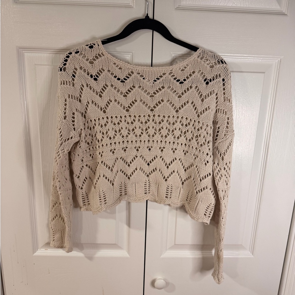 Sincerly Jules Cream Open-Knit Scoop Neck Cropped Sweater